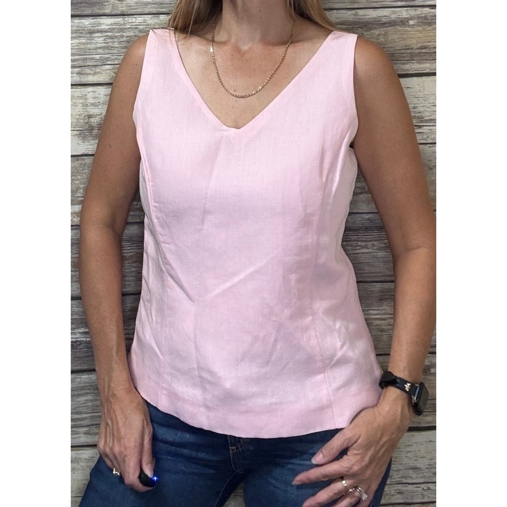 Ann Taylor Pink Linen Blend V-Neck Sleeveless Shell Top Size 8 Side Zip Coquette